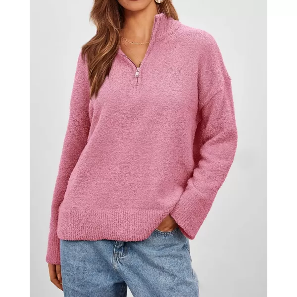 imagePRETTYGARDEN Womens 2024 Winter Pullover Sweaters Long Sleeve 14 Zip Lapel Chunky Knit Blouse TopsPink