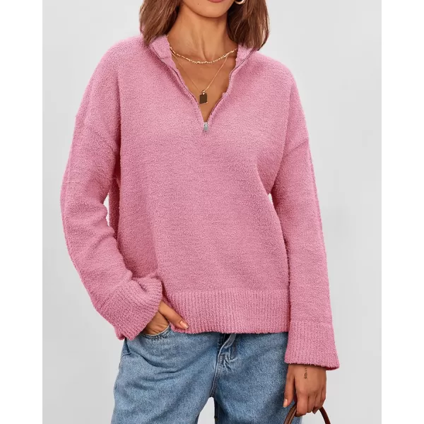 imagePRETTYGARDEN Womens 2024 Winter Pullover Sweaters Long Sleeve 14 Zip Lapel Chunky Knit Blouse TopsPink