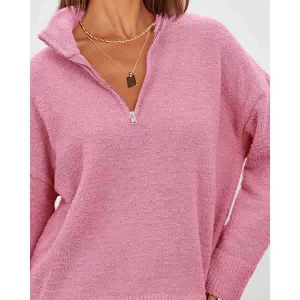 imagePRETTYGARDEN Womens 2024 Winter Pullover Sweaters Long Sleeve 14 Zip Lapel Chunky Knit Blouse TopsPink
