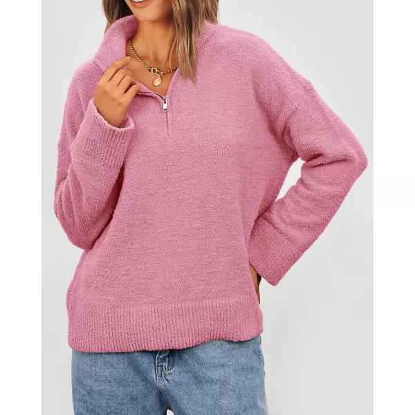imagePRETTYGARDEN Womens 2024 Winter Pullover Sweaters Long Sleeve 14 Zip Lapel Chunky Knit Blouse TopsPink