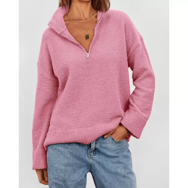 imagePRETTYGARDEN Womens 2024 Winter Pullover Sweaters Long Sleeve 14 Zip Lapel Chunky Knit Blouse TopsPink