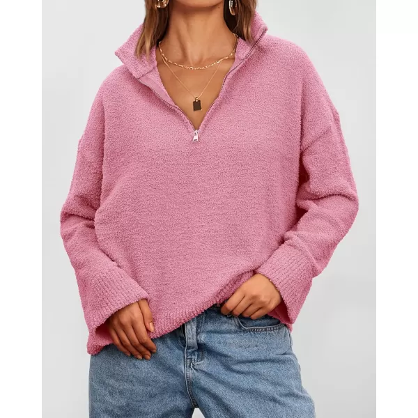 imagePRETTYGARDEN Womens 2024 Winter Pullover Sweaters Long Sleeve 14 Zip Lapel Chunky Knit Blouse TopsPink