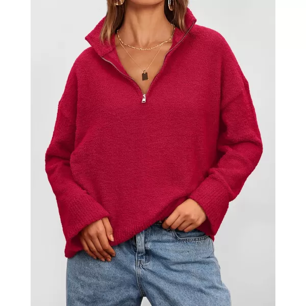 imagePRETTYGARDEN Womens 2024 Winter Pullover Sweaters Long Sleeve 14 Zip Lapel Chunky Knit Blouse TopsRed