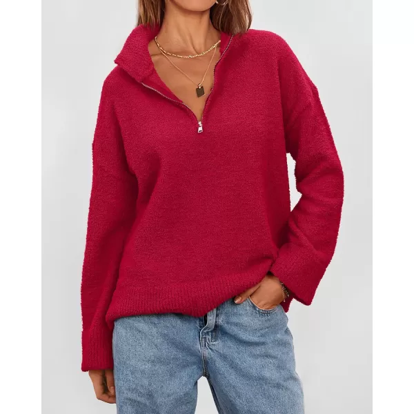 imagePRETTYGARDEN Womens 2024 Winter Pullover Sweaters Long Sleeve 14 Zip Lapel Chunky Knit Blouse TopsRed