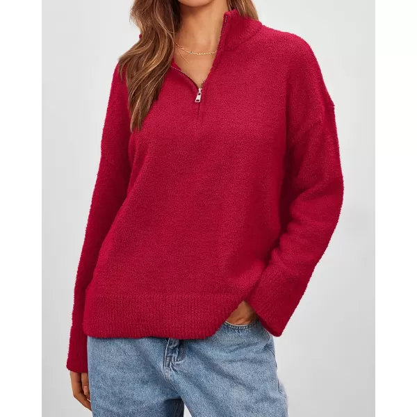 imagePRETTYGARDEN Womens 2024 Winter Pullover Sweaters Long Sleeve 14 Zip Lapel Chunky Knit Blouse TopsRed