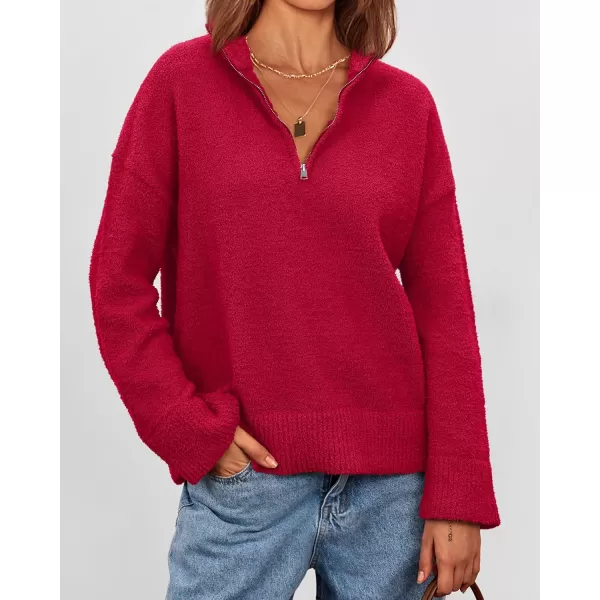 imagePRETTYGARDEN Womens 2024 Winter Pullover Sweaters Long Sleeve 14 Zip Lapel Chunky Knit Blouse TopsRed
