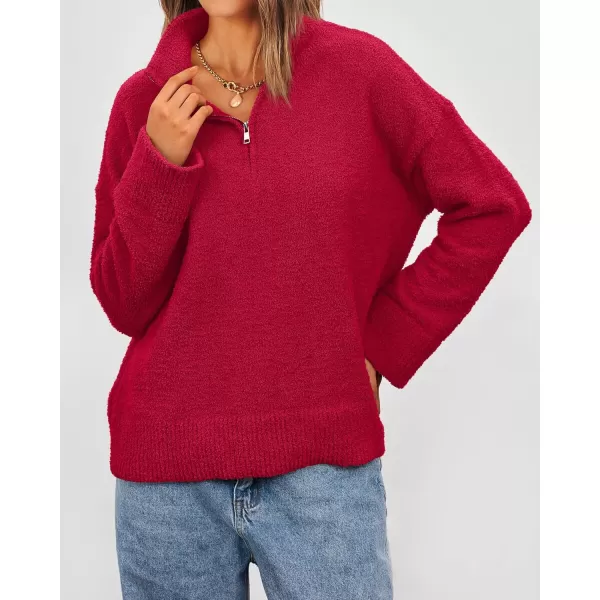 imagePRETTYGARDEN Womens 2024 Winter Pullover Sweaters Long Sleeve 14 Zip Lapel Chunky Knit Blouse TopsRed