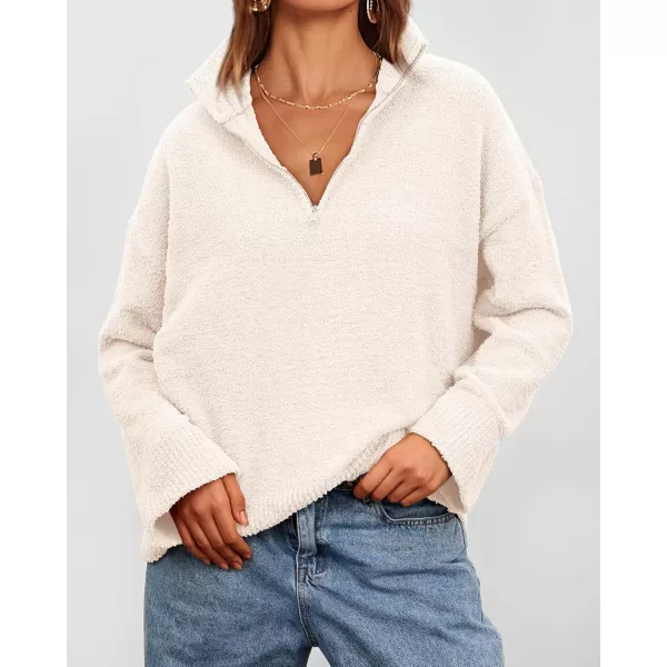 imagePRETTYGARDEN Womens 2024 Winter Pullover Sweaters Long Sleeve 14 Zip Lapel Chunky Knit Blouse TopsWhite