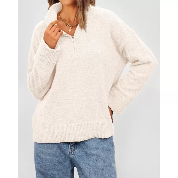 imagePRETTYGARDEN Womens 2024 Winter Pullover Sweaters Long Sleeve 14 Zip Lapel Chunky Knit Blouse TopsWhite