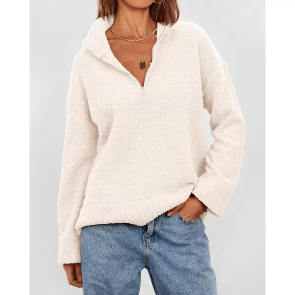 imagePRETTYGARDEN Womens 2024 Winter Pullover Sweaters Long Sleeve 14 Zip Lapel Chunky Knit Blouse TopsWhite