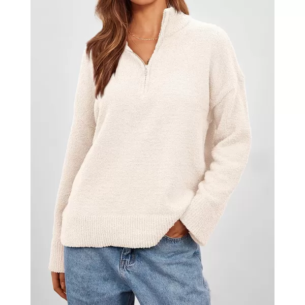 imagePRETTYGARDEN Womens 2024 Winter Pullover Sweaters Long Sleeve 14 Zip Lapel Chunky Knit Blouse TopsWhite