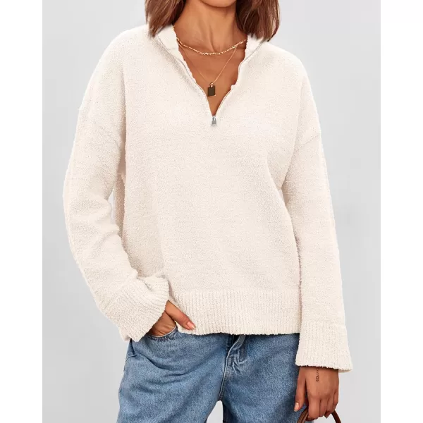 imagePRETTYGARDEN Womens 2024 Winter Pullover Sweaters Long Sleeve 14 Zip Lapel Chunky Knit Blouse TopsWhite