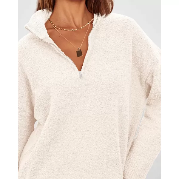 imagePRETTYGARDEN Womens 2024 Winter Pullover Sweaters Long Sleeve 14 Zip Lapel Chunky Knit Blouse TopsWhite