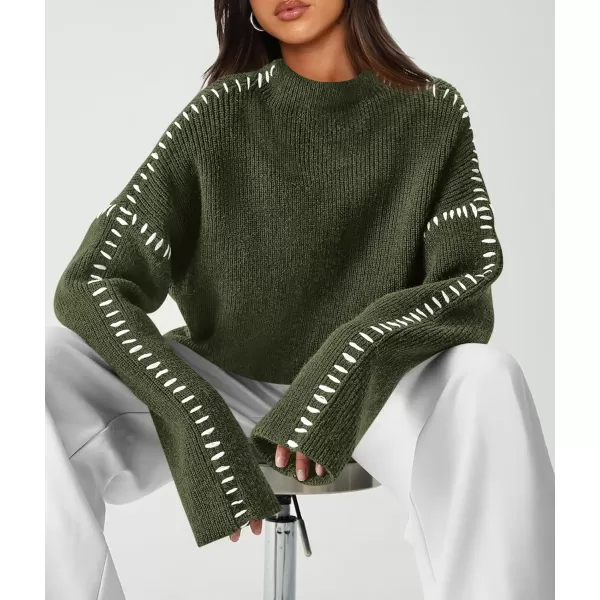 imagePRETTYGARDEN Womens Chunky Knit Fall Sweaters Casual Long Sleeve Mock Neck Oversized Loose Pullover Sweater TopsArmy Green