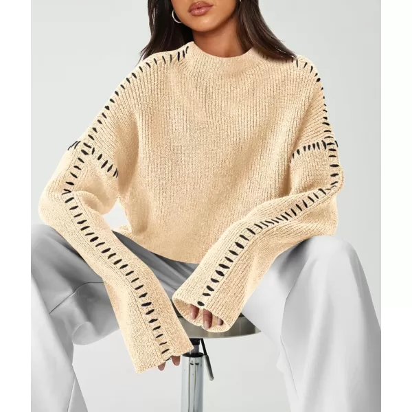 imagePRETTYGARDEN Womens Chunky Knit Fall Sweaters Casual Long Sleeve Mock Neck Oversized Loose Pullover Sweater TopsBeige