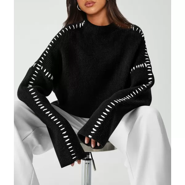 imagePRETTYGARDEN Womens Chunky Knit Fall Sweaters Casual Long Sleeve Mock Neck Oversized Loose Pullover Sweater TopsBlack