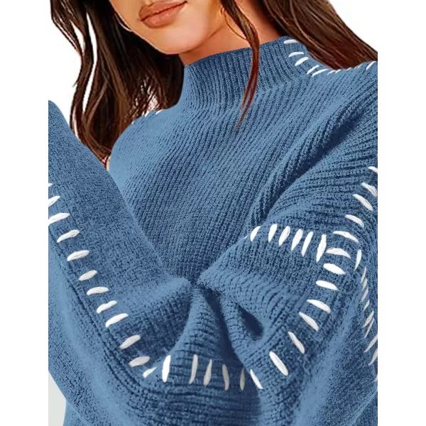 imagePRETTYGARDEN Womens Chunky Knit Fall Sweaters Casual Long Sleeve Mock Neck Oversized Loose Pullover Sweater TopsBlue