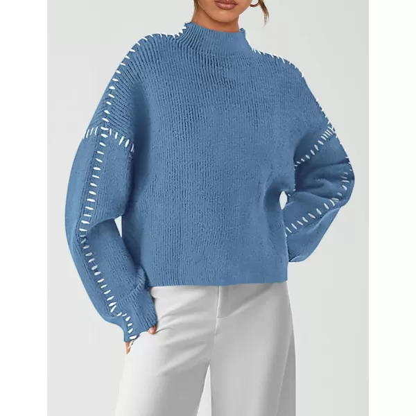 imagePRETTYGARDEN Womens Chunky Knit Fall Sweaters Casual Long Sleeve Mock Neck Oversized Loose Pullover Sweater TopsBlue