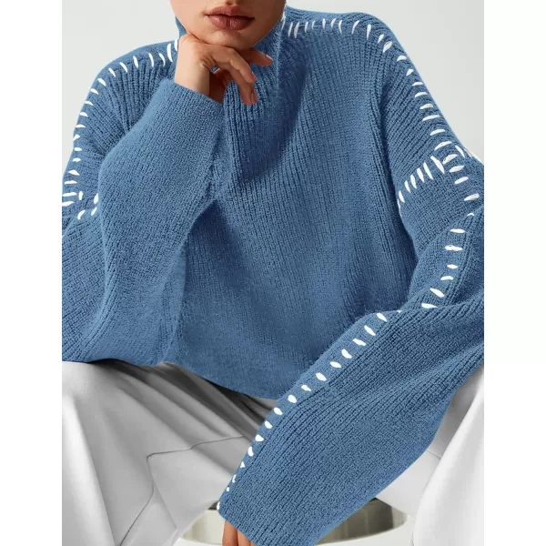 imagePRETTYGARDEN Womens Chunky Knit Fall Sweaters Casual Long Sleeve Mock Neck Oversized Loose Pullover Sweater TopsBlue