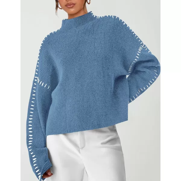imagePRETTYGARDEN Womens Chunky Knit Fall Sweaters Casual Long Sleeve Mock Neck Oversized Loose Pullover Sweater TopsBlue