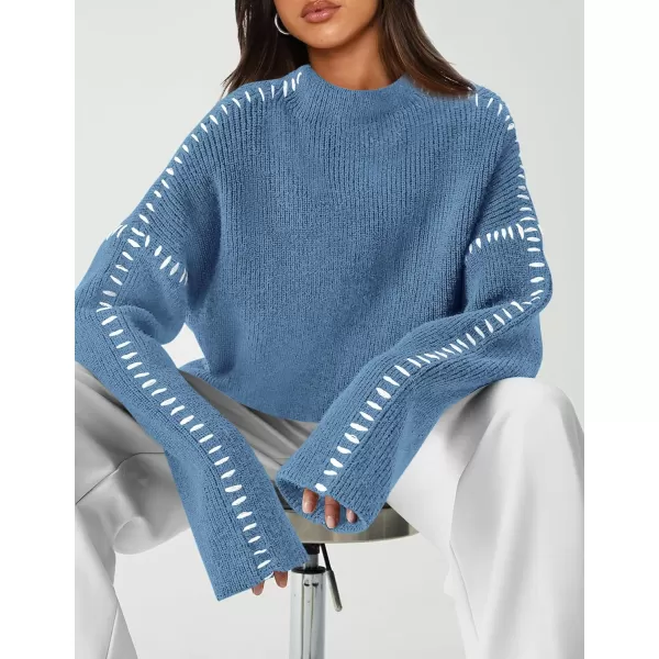 imagePRETTYGARDEN Womens Chunky Knit Fall Sweaters Casual Long Sleeve Mock Neck Oversized Loose Pullover Sweater TopsBlue