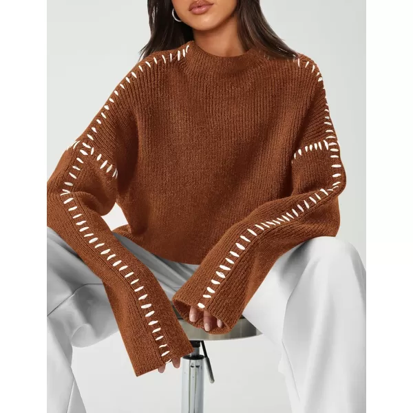 imagePRETTYGARDEN Womens Chunky Knit Fall Sweaters Casual Long Sleeve Mock Neck Oversized Loose Pullover Sweater TopsCaramel