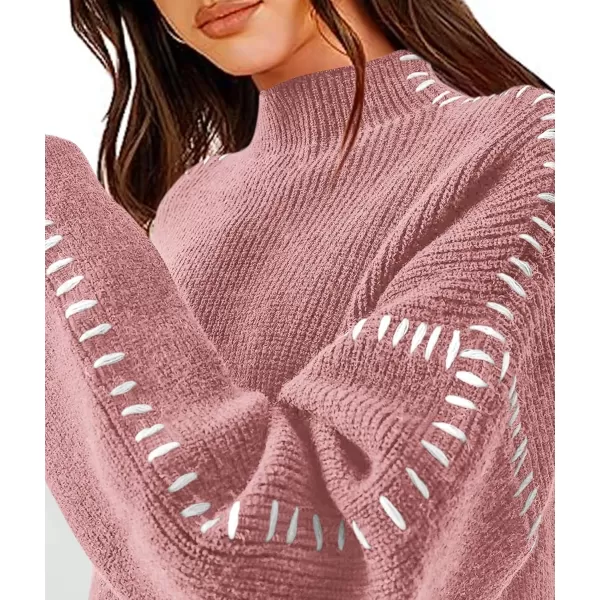 imagePRETTYGARDEN Womens Chunky Knit Fall Sweaters Casual Long Sleeve Mock Neck Oversized Loose Pullover Sweater TopsGrey Pink