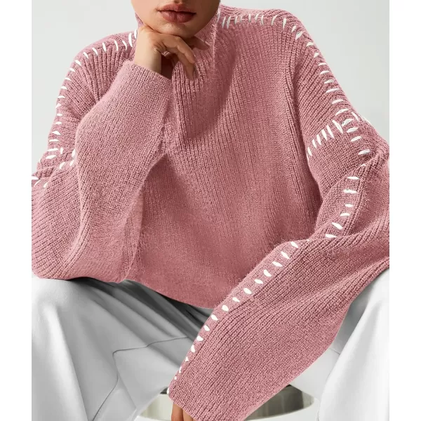 imagePRETTYGARDEN Womens Chunky Knit Fall Sweaters Casual Long Sleeve Mock Neck Oversized Loose Pullover Sweater TopsGrey Pink