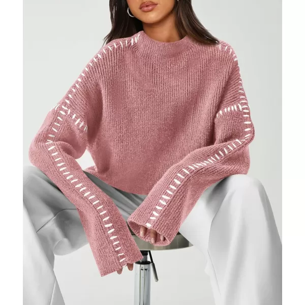 imagePRETTYGARDEN Womens Chunky Knit Fall Sweaters Casual Long Sleeve Mock Neck Oversized Loose Pullover Sweater TopsGrey Pink
