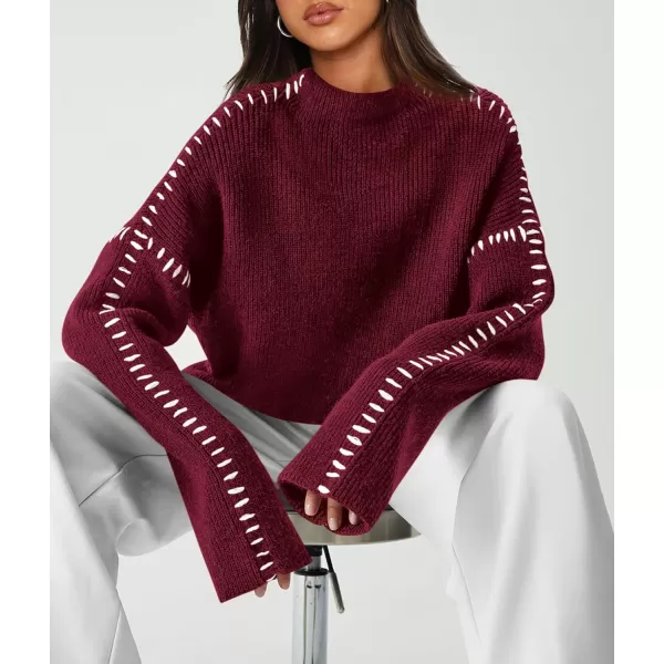 imagePRETTYGARDEN Womens Chunky Knit Fall Sweaters Casual Long Sleeve Mock Neck Oversized Loose Pullover Sweater TopsWine Red