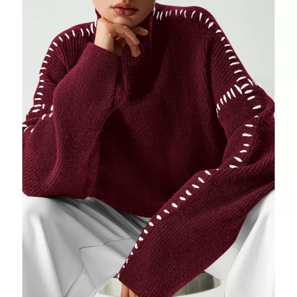 imagePRETTYGARDEN Womens Chunky Knit Fall Sweaters Casual Long Sleeve Mock Neck Oversized Loose Pullover Sweater TopsWine Red