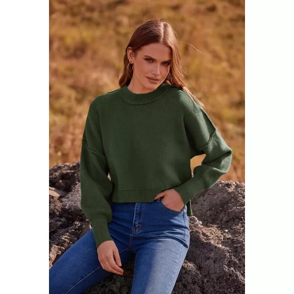 imagePRETTYGARDEN Womens Fall Cropped Striped Sweaters Casual Long Sleeve Crewneck Pullover Oversized Winter Tops JumperSolid Army Green