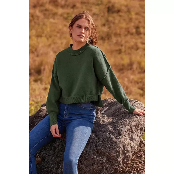 imagePRETTYGARDEN Womens Fall Cropped Striped Sweaters Casual Long Sleeve Crewneck Pullover Oversized Winter Tops JumperSolid Army Green