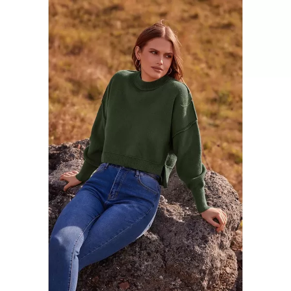 imagePRETTYGARDEN Womens Fall Cropped Striped Sweaters Casual Long Sleeve Crewneck Pullover Oversized Winter Tops JumperSolid Army Green