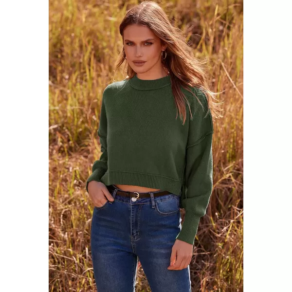 imagePRETTYGARDEN Womens Fall Cropped Striped Sweaters Casual Long Sleeve Crewneck Pullover Oversized Winter Tops JumperSolid Army Green