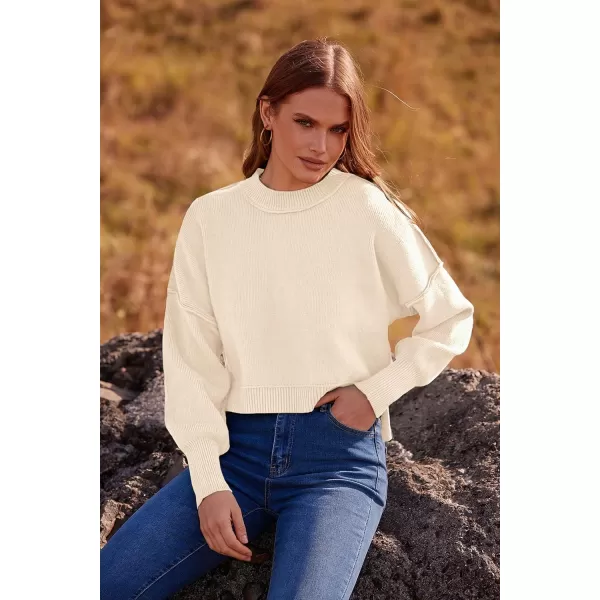 imagePRETTYGARDEN Womens Fall Cropped Striped Sweaters Casual Long Sleeve Crewneck Pullover Oversized Winter Tops JumperSolid Beige