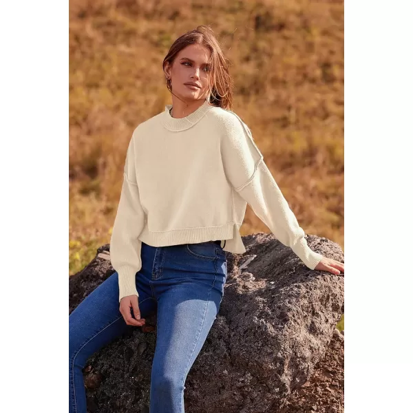 imagePRETTYGARDEN Womens Fall Cropped Striped Sweaters Casual Long Sleeve Crewneck Pullover Oversized Winter Tops JumperSolid Beige