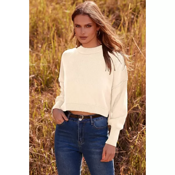 imagePRETTYGARDEN Womens Fall Cropped Striped Sweaters Casual Long Sleeve Crewneck Pullover Oversized Winter Tops JumperSolid Beige