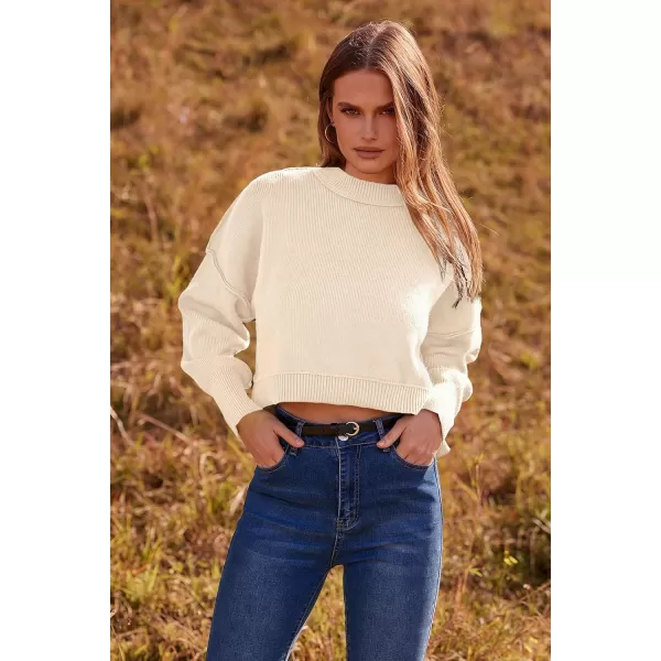 imagePRETTYGARDEN Womens Fall Cropped Striped Sweaters Casual Long Sleeve Crewneck Pullover Oversized Winter Tops JumperSolid Beige