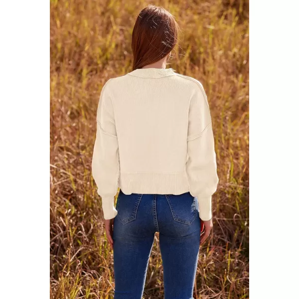 imagePRETTYGARDEN Womens Fall Cropped Striped Sweaters Casual Long Sleeve Crewneck Pullover Oversized Winter Tops JumperSolid Beige