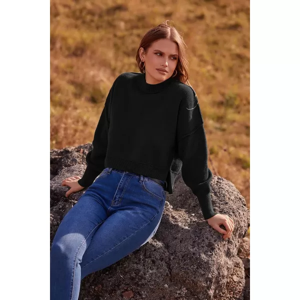 imagePRETTYGARDEN Womens Fall Cropped Striped Sweaters Casual Long Sleeve Crewneck Pullover Oversized Winter Tops JumperSolid Black