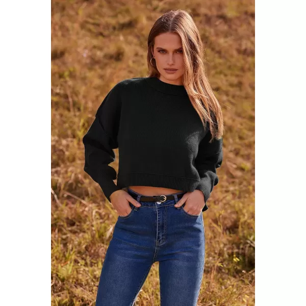 imagePRETTYGARDEN Womens Fall Cropped Striped Sweaters Casual Long Sleeve Crewneck Pullover Oversized Winter Tops JumperSolid Black