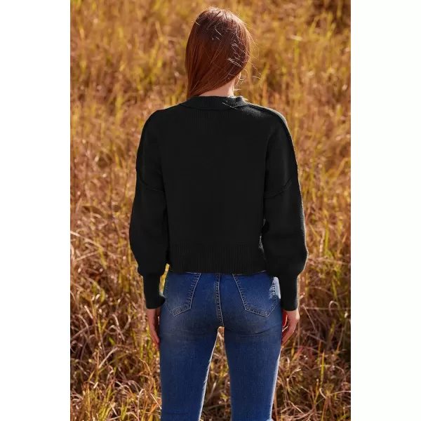 imagePRETTYGARDEN Womens Fall Cropped Striped Sweaters Casual Long Sleeve Crewneck Pullover Oversized Winter Tops JumperSolid Black
