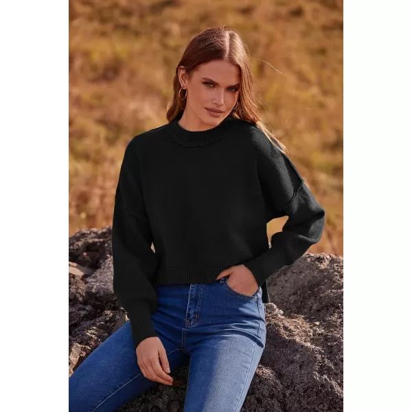 imagePRETTYGARDEN Womens Fall Cropped Striped Sweaters Casual Long Sleeve Crewneck Pullover Oversized Winter Tops JumperSolid Black