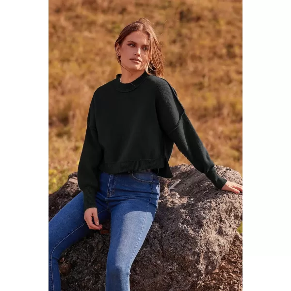 imagePRETTYGARDEN Womens Fall Cropped Striped Sweaters Casual Long Sleeve Crewneck Pullover Oversized Winter Tops JumperSolid Black