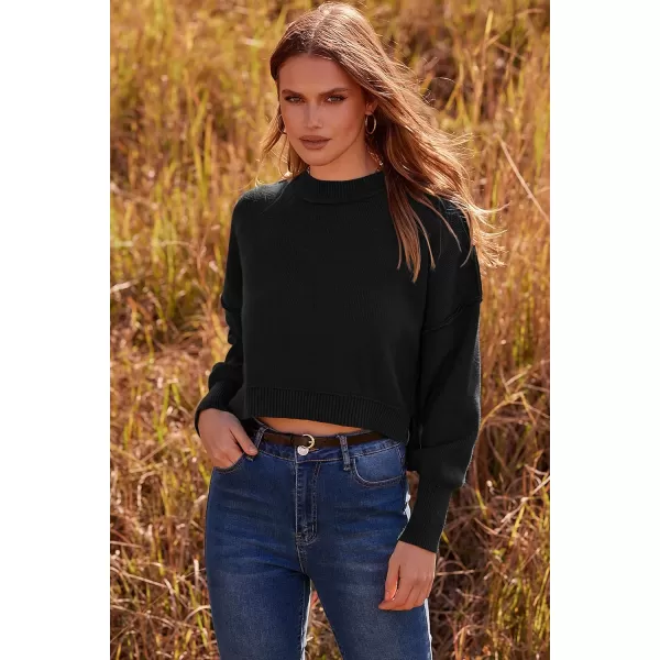 imagePRETTYGARDEN Womens Fall Cropped Striped Sweaters Casual Long Sleeve Crewneck Pullover Oversized Winter Tops JumperSolid Black