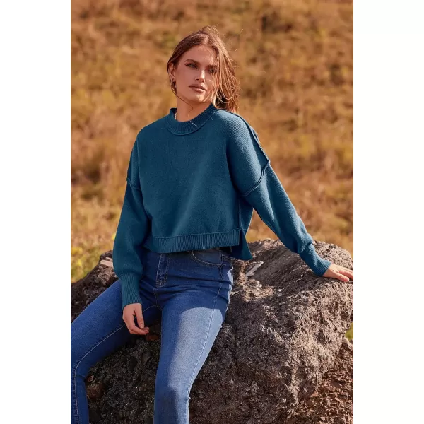 imagePRETTYGARDEN Womens Fall Cropped Striped Sweaters Casual Long Sleeve Crewneck Pullover Oversized Winter Tops JumperSolid Blue Grey