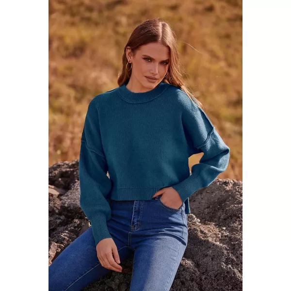imagePRETTYGARDEN Womens Fall Cropped Striped Sweaters Casual Long Sleeve Crewneck Pullover Oversized Winter Tops JumperSolid Blue Grey