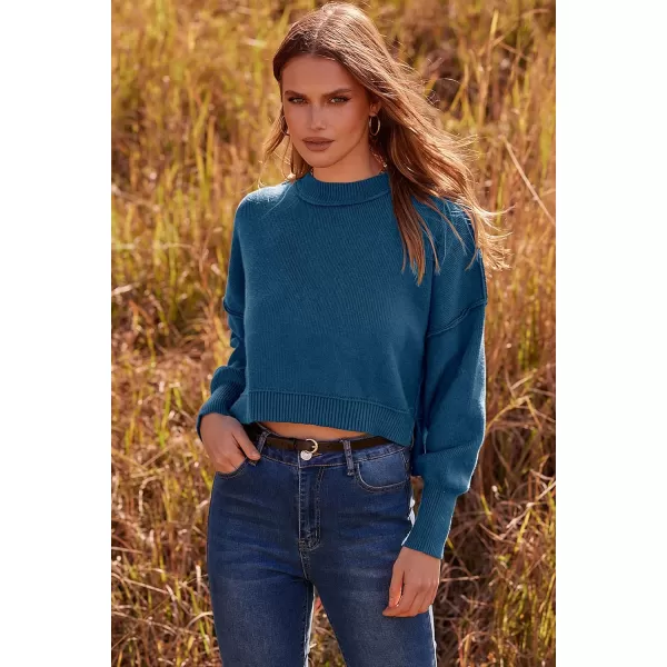 imagePRETTYGARDEN Womens Fall Cropped Striped Sweaters Casual Long Sleeve Crewneck Pullover Oversized Winter Tops JumperSolid Blue Grey