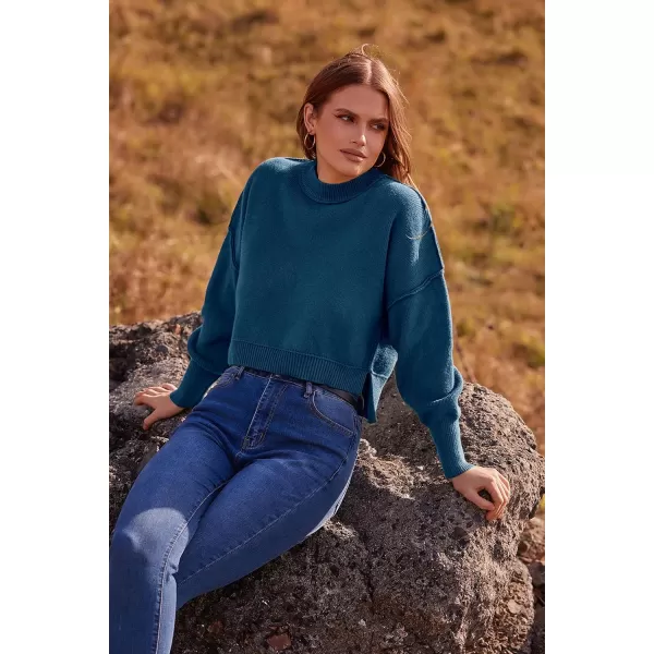 imagePRETTYGARDEN Womens Fall Cropped Striped Sweaters Casual Long Sleeve Crewneck Pullover Oversized Winter Tops JumperSolid Blue Grey